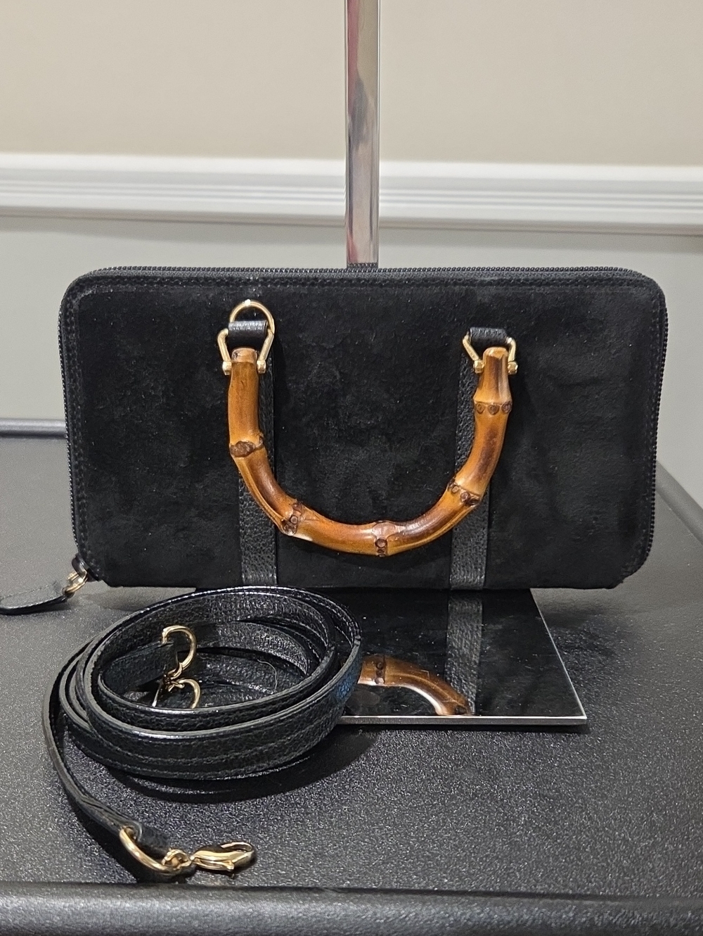 Gucci Black Suede Bamboo Handle Wallet On Strap